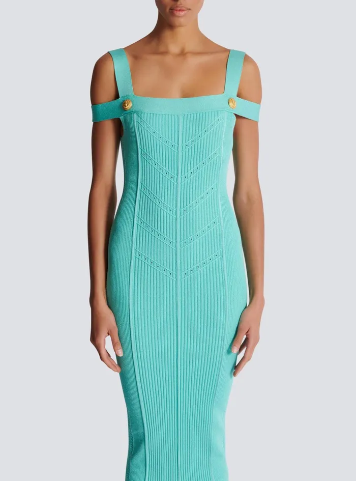 Knit Midi Dress With Double Straps Blue Women Balmain Dresses