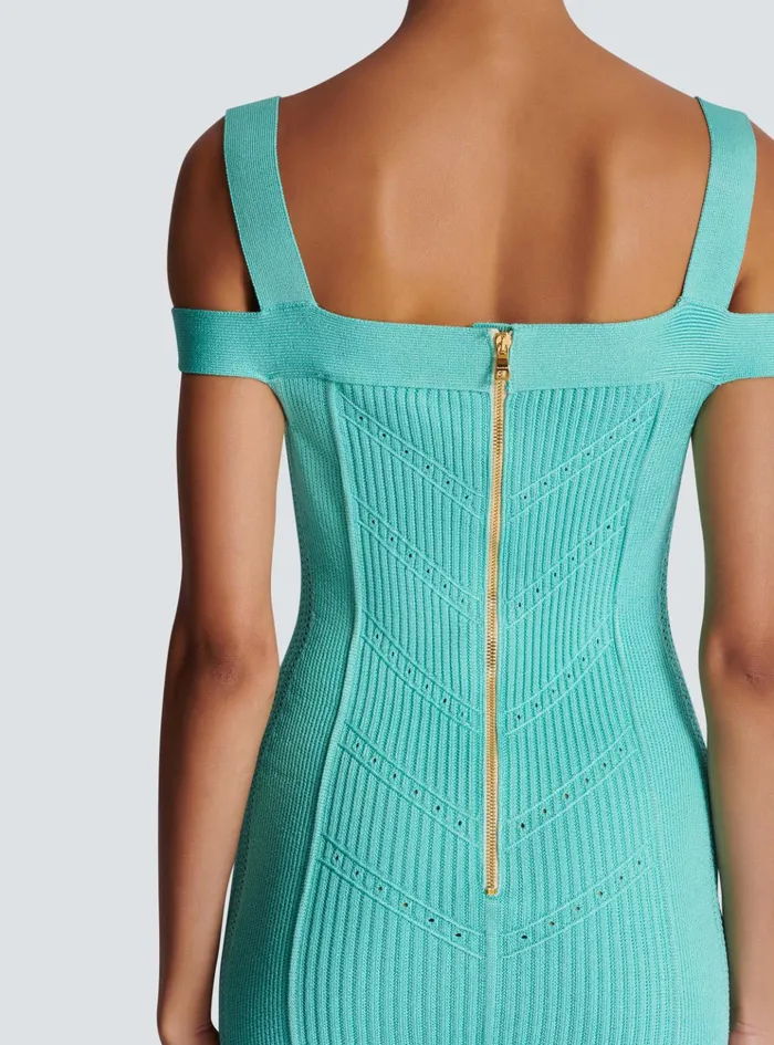Knit Midi Dress With Double Straps Blue Women Balmain Dresses