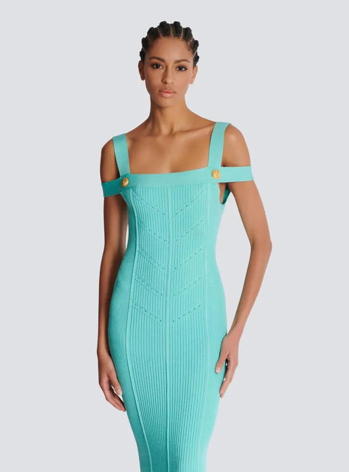 Knit Midi Dress With Double Straps Blue Women Balmain Dresses