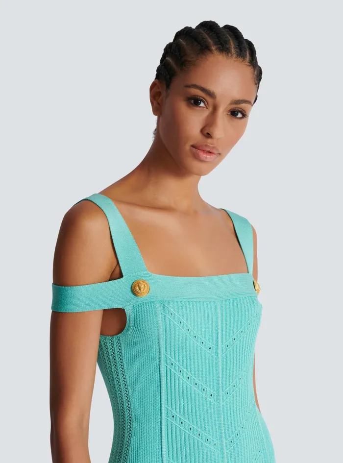 Knit Midi Dress With Double Straps Blue Women Balmain Dresses