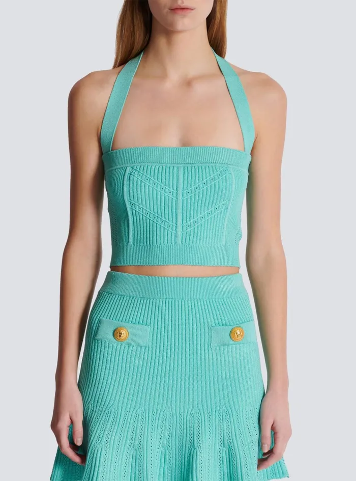 Knitted Halterneck Top Blue Women Balmain Tops And Shirts