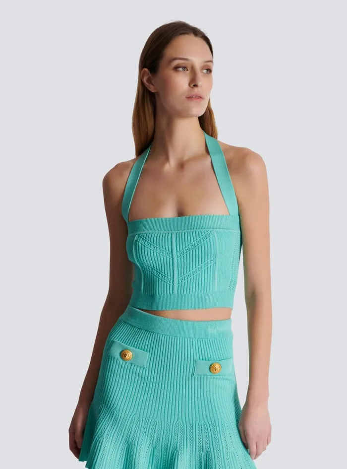 Knitted Halterneck Top Blue Women Balmain Tops And Shirts