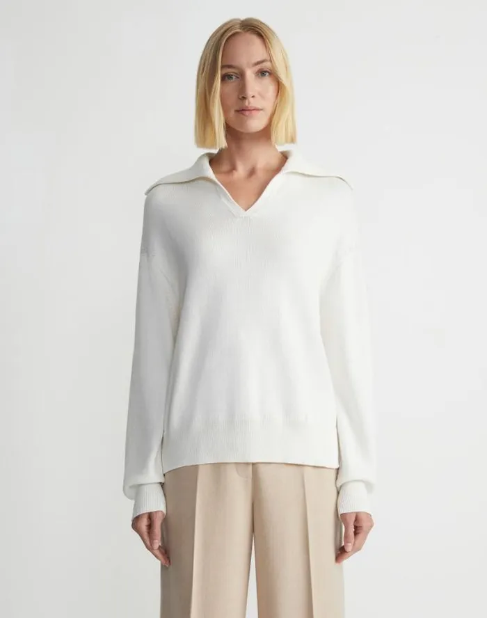 Lafayette 148 New York CottonSilk Tape Collared Sweater Cloud Ready To Wear Sweaters and Knits