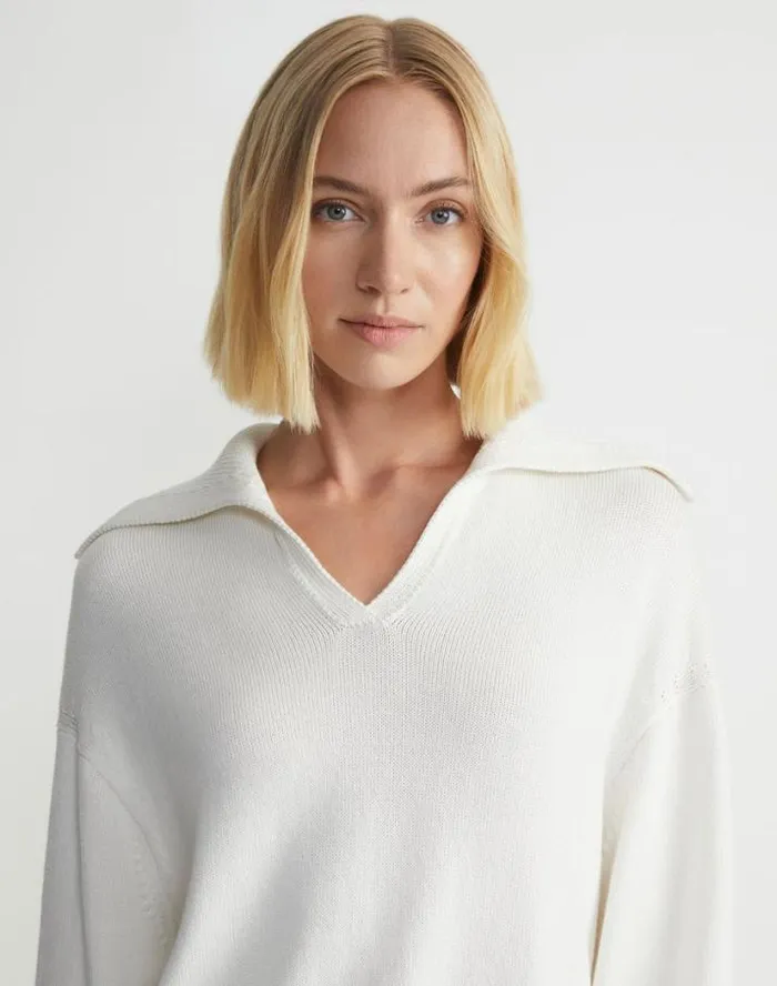 Lafayette 148 New York CottonSilk Tape Collared Sweater Cloud Ready To Wear Sweaters and Knits