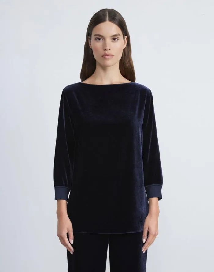 Lafayette 148 New York Crushed Velvet Blouse Midnight Blue Ready To Wear Blouses and Shirts