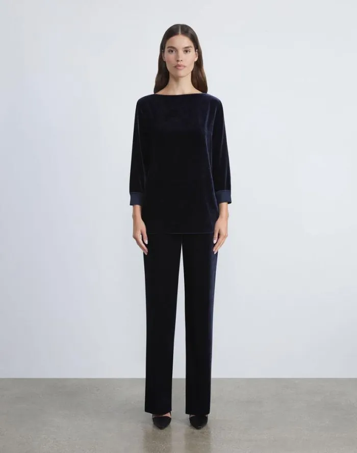Lafayette 148 New York Crushed Velvet Blouse Midnight Blue Ready To Wear Blouses and Shirts