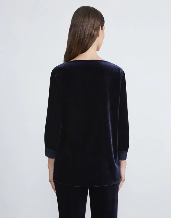Lafayette 148 New York Crushed Velvet Blouse Midnight Blue Ready To Wear Blouses and Shirts