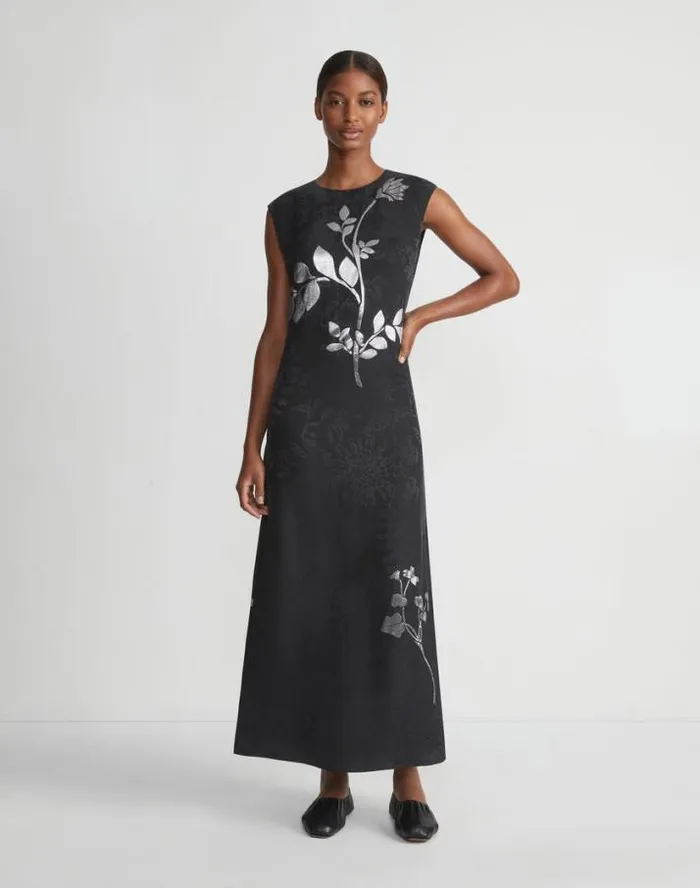 Lafayette 148 New York Flora Bloom Metallic Jacquard ViscoseSilk Dress Black Multi Ready To Wear Dresses