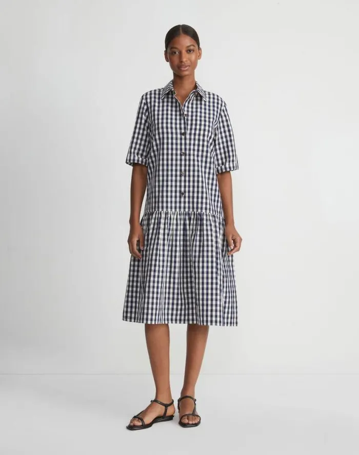 Lafayette 148 New York Gingham Crinkle CottonLinen Drop Waist Shirtdress Midnight Blue Multi Ready To Wear Dresses