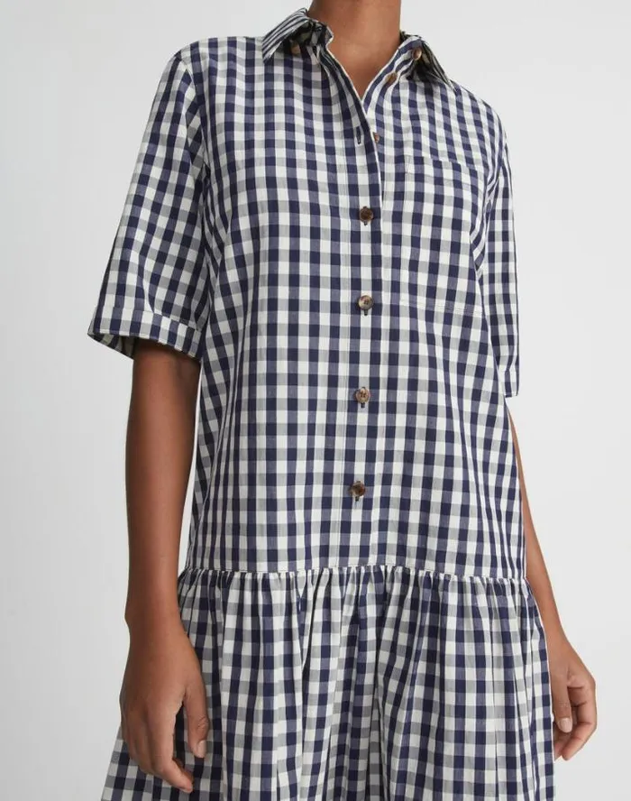 Lafayette 148 New York Gingham Crinkle CottonLinen Drop Waist Shirtdress Midnight Blue Multi Ready To Wear Dresses