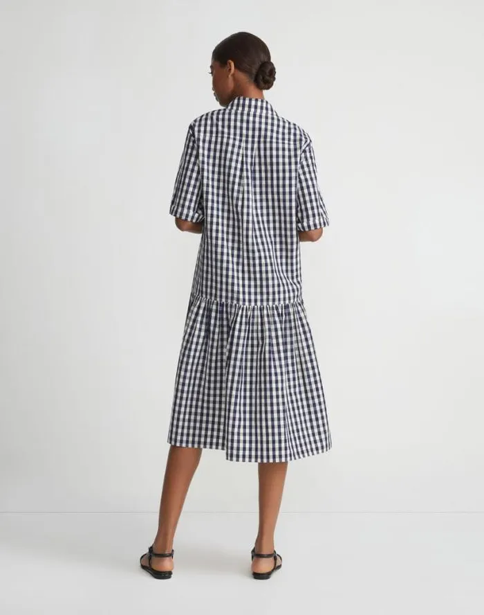 Lafayette 148 New York Gingham Crinkle CottonLinen Drop Waist Shirtdress Midnight Blue Multi Ready To Wear Dresses