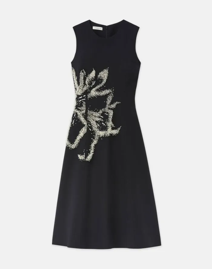 Lafayette 148 New York HandBeaded Rose WoolSilk Crepe Sleeveless Dress Black Ready To Wear Dresses