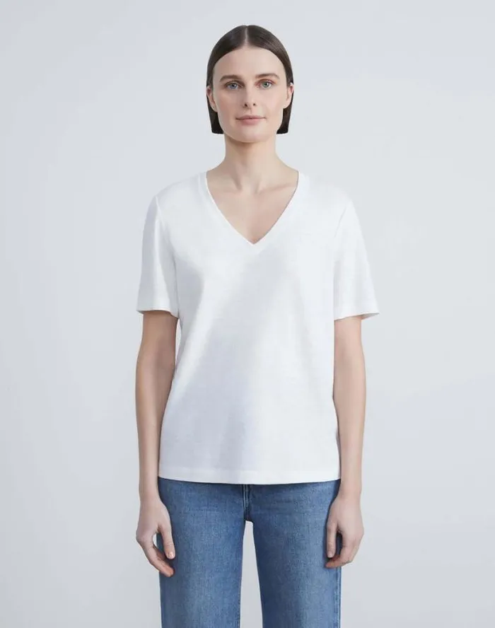 Lafayette 148 New York LinenCotton Jersey VNeck Tee White Ready To Wear Tops and Tees