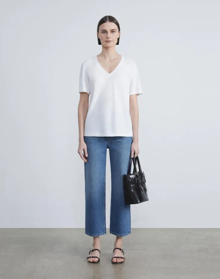 Lafayette 148 New York LinenCotton Jersey VNeck Tee White Ready To Wear Tops and Tees