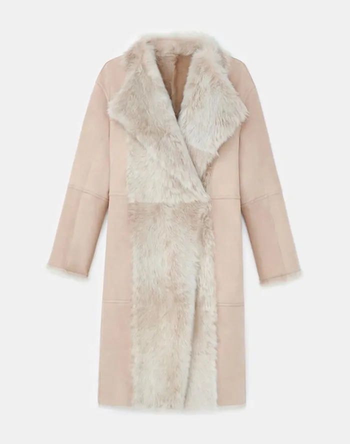 Lafayette 148 New York Long Hair Shearling Reversible Oversized Coat Dune Ready To Wear Leathers and Suedes