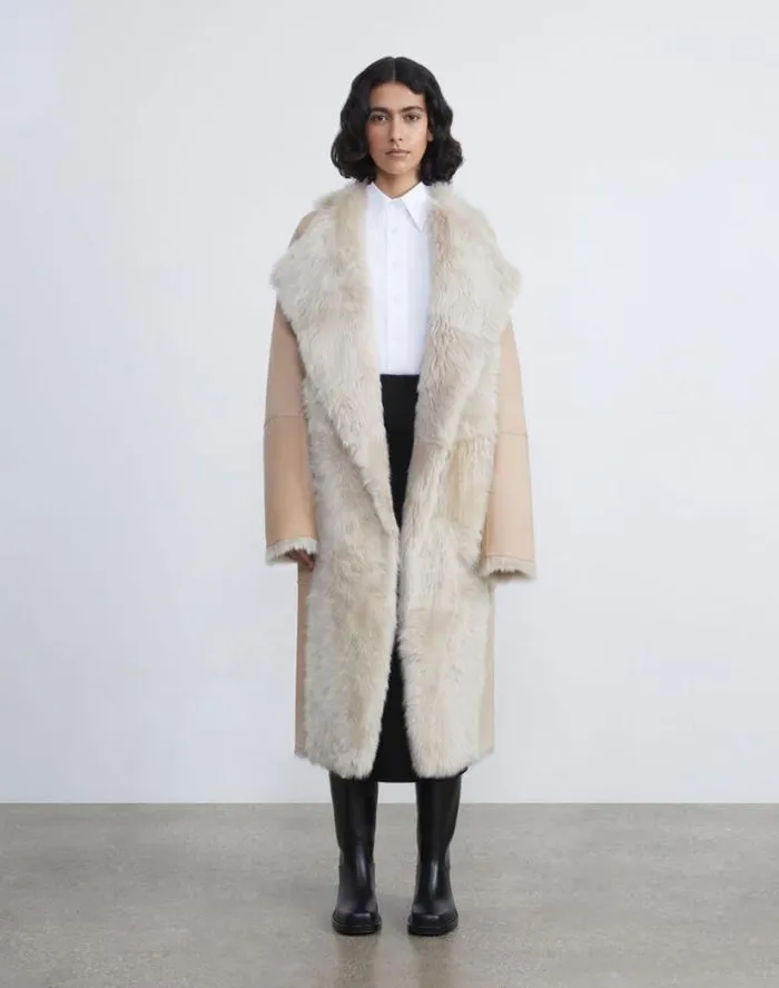 Lafayette 148 New York Long Hair Shearling Reversible Oversized Coat Dune Ready To Wear Leathers and Suedes