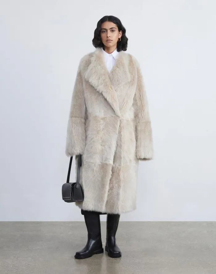 Lafayette 148 New York Long Hair Shearling Reversible Oversized Coat Dune Ready To Wear Leathers and Suedes
