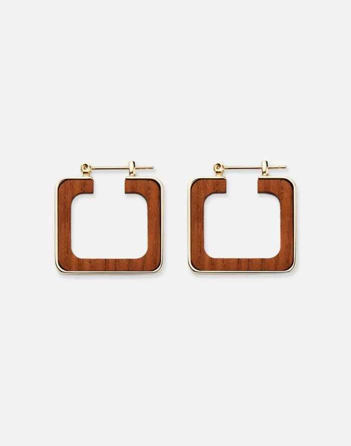 Lafayette 148 New York Metal and Teak Block Reversible Hoop Earrings Pale Gold Multi Accessories Jewelry