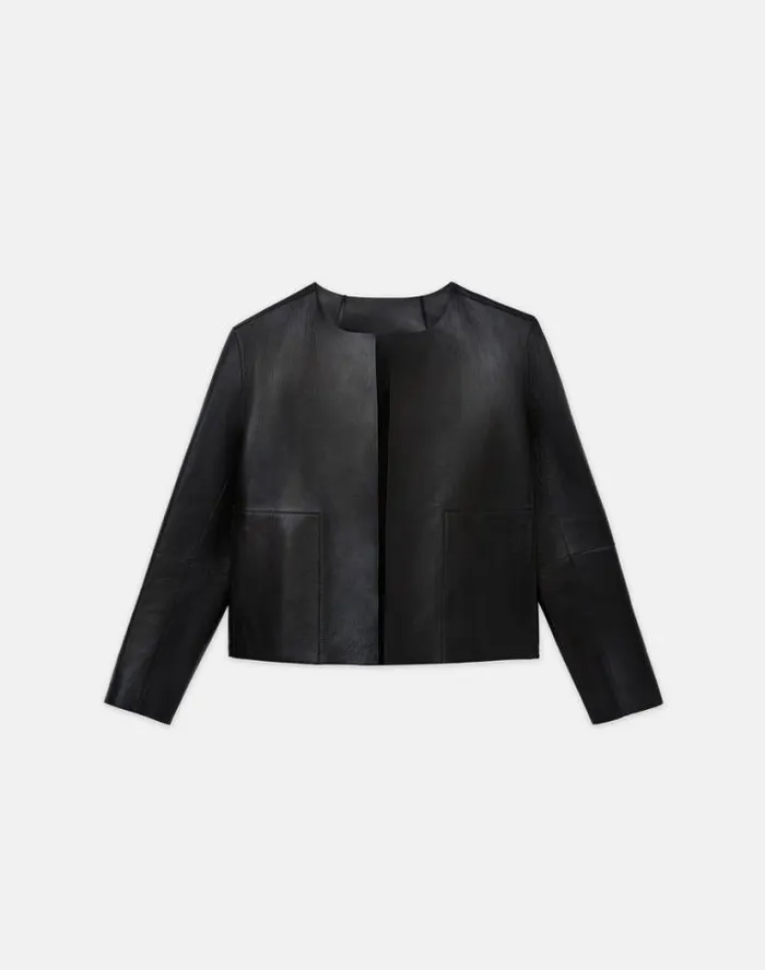 Lafayette 148 New York Nappa Leather Collarless Open Front Jacket Black Ready To Wear Leathers and Suedes Lafayette 148 New York Nappa Leather Collarless Open Front Jacket Black Ready To Wear Leathers and Suedes