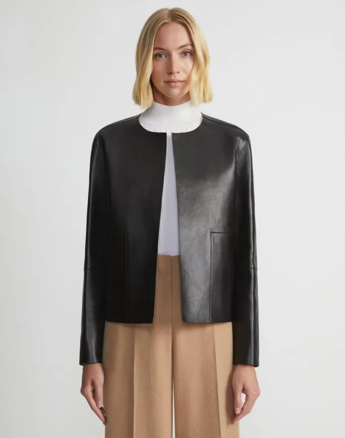 Lafayette 148 New York Nappa Leather Collarless Open Front Jacket Black Ready To Wear Leathers and Suedes