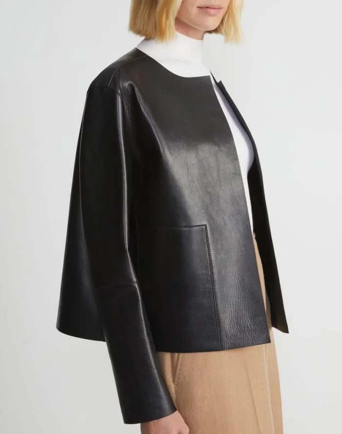 Lafayette 148 New York Nappa Leather Collarless Open Front Jacket Black Ready To Wear Leathers and Suedes