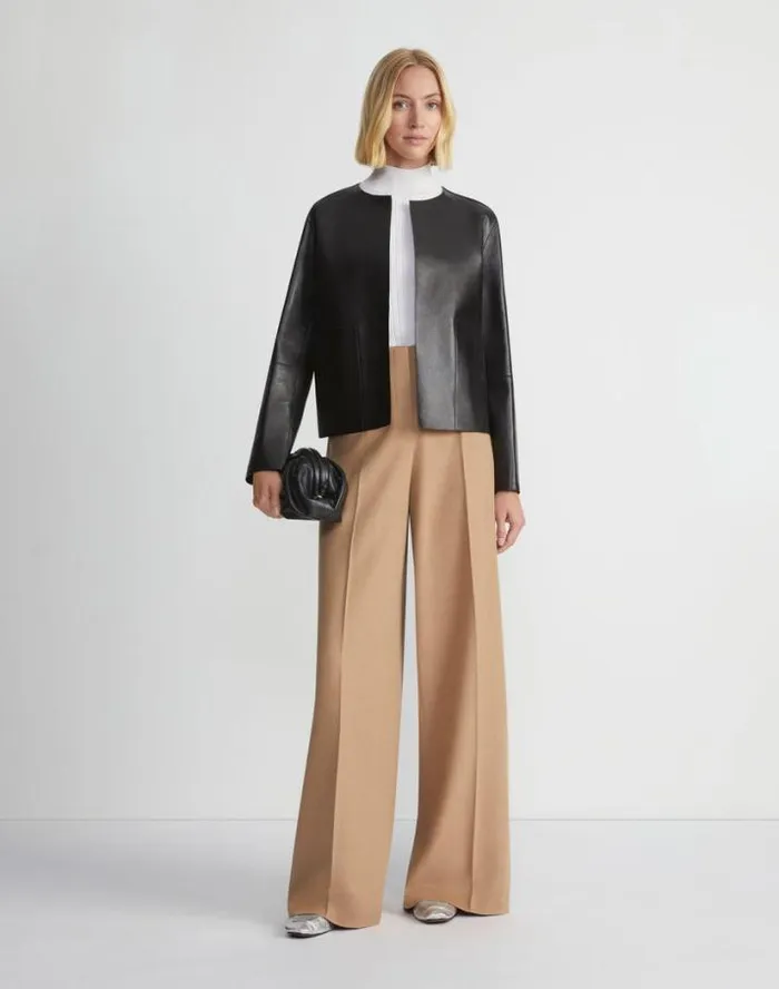Lafayette 148 New York Nappa Leather Collarless Open Front Jacket Black Ready To Wear Leathers and Suedes