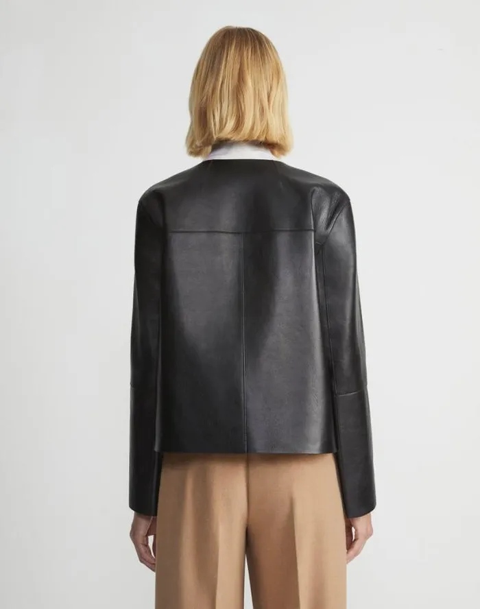 Lafayette 148 New York Nappa Leather Collarless Open Front Jacket Black Ready To Wear Leathers and Suedes