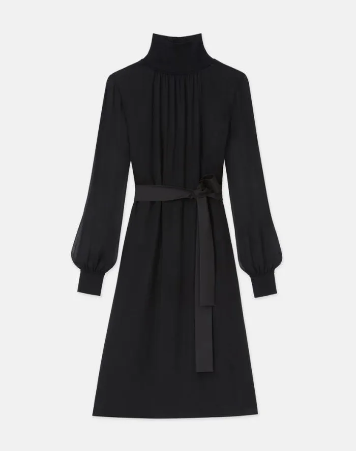 Lafayette 148 New York Opaque and Sheer Silk Turtleneck Dress Black Ready To Wear Dresses Lafayette 148 New York Opaque and Sheer Silk Turtleneck Dress Black Ready To Wear Dresses