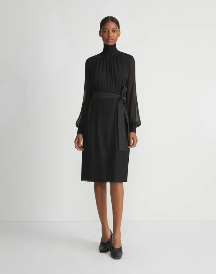 Lafayette 148 New York Opaque and Sheer Silk Turtleneck Dress Black Ready To Wear Dresses