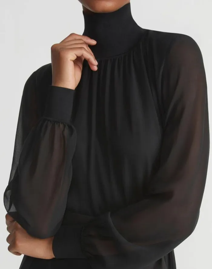 Lafayette 148 New York Opaque and Sheer Silk Turtleneck Dress Black Ready To Wear Dresses