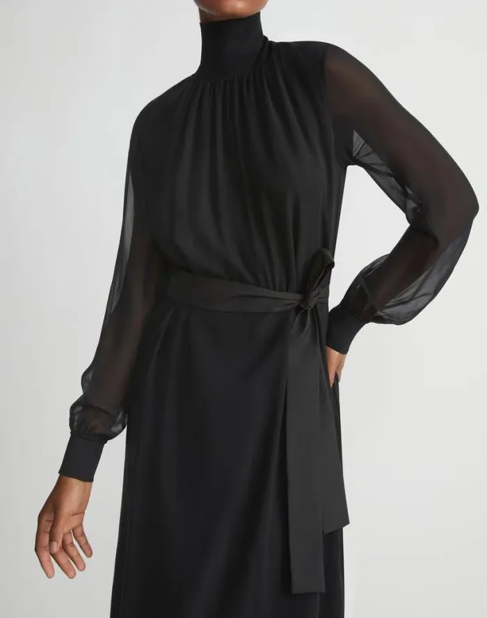 Lafayette 148 New York Opaque and Sheer Silk Turtleneck Dress Black Ready To Wear Dresses