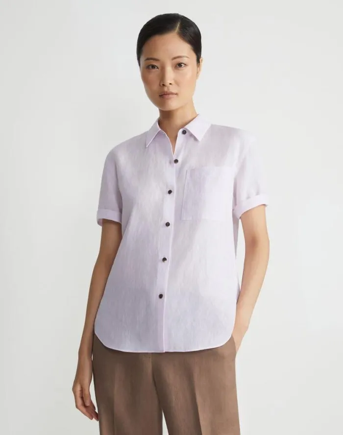 Lafayette 148 New York Organic Linen Short Sleeve Pocket Shirt Dried Blossom Melange Ready To Wear Blouses and Shirts