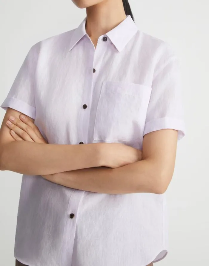 Lafayette 148 New York Organic Linen Short Sleeve Pocket Shirt Dried Blossom Melange Ready To Wear Blouses and Shirts