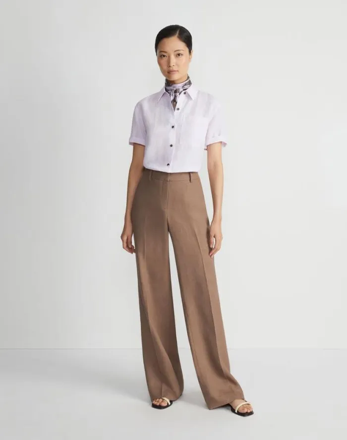 Lafayette 148 New York Organic Linen Short Sleeve Pocket Shirt Dried Blossom Melange Ready To Wear Blouses and Shirts