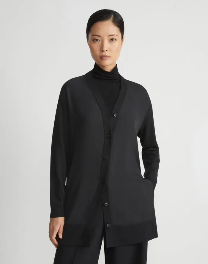 Lafayette 148 New York Responsible Fine Gauge Merino and Organic Silk Georgette Cardigan Black Ready To Wear Sweaters and Knits