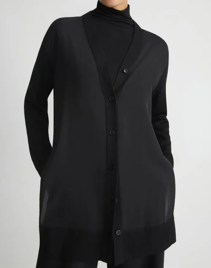 Lafayette 148 New York Responsible Fine Gauge Merino and Organic Silk Georgette Cardigan Black Ready To Wear Sweaters and Knits