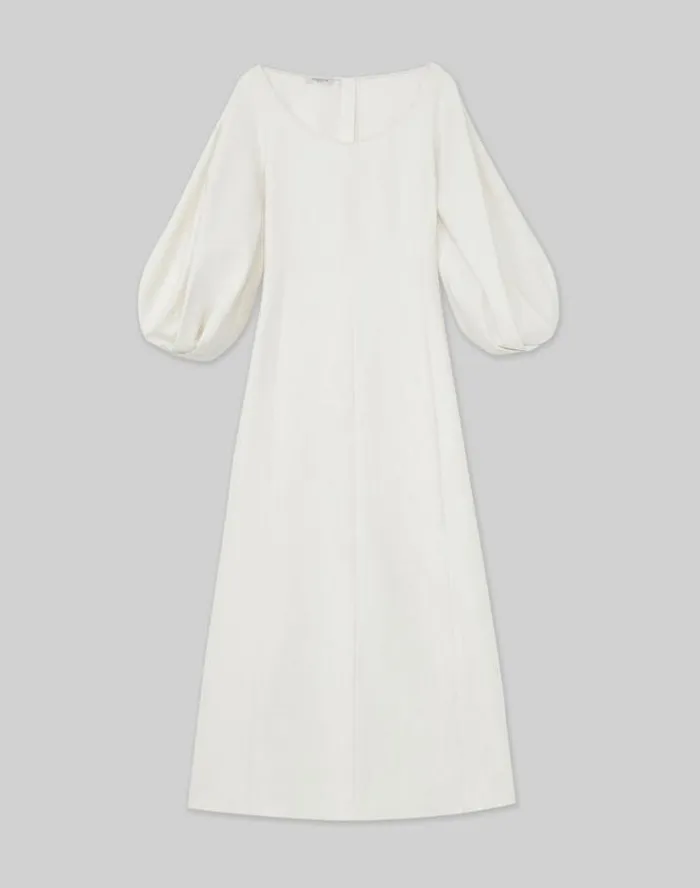 Lafayette 148 New York SilkLinen Lantern Sleeve Dress Alabaster Ready To Wear Dresses