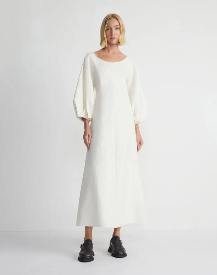 Lafayette 148 New York SilkLinen Lantern Sleeve Dress Alabaster Ready To Wear Dresses