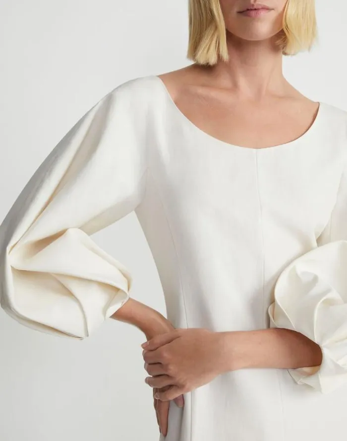 Lafayette 148 New York SilkLinen Lantern Sleeve Dress Alabaster Ready To Wear Dresses