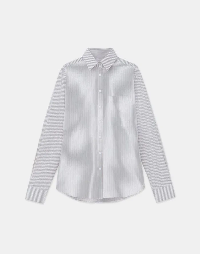 Lafayette 148 New York Stripe Cotton High Collar Shirt Oat Multi Ready To Wear Blouses and Shirts Lafayette 148 New York Stripe Cotton High Collar Shirt Oat Multi Ready To Wear Blouses and Shirts