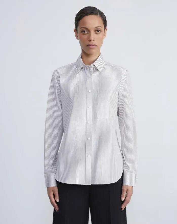 Lafayette 148 New York Stripe Cotton High Collar Shirt Oat Multi Ready To Wear Blouses and Shirts