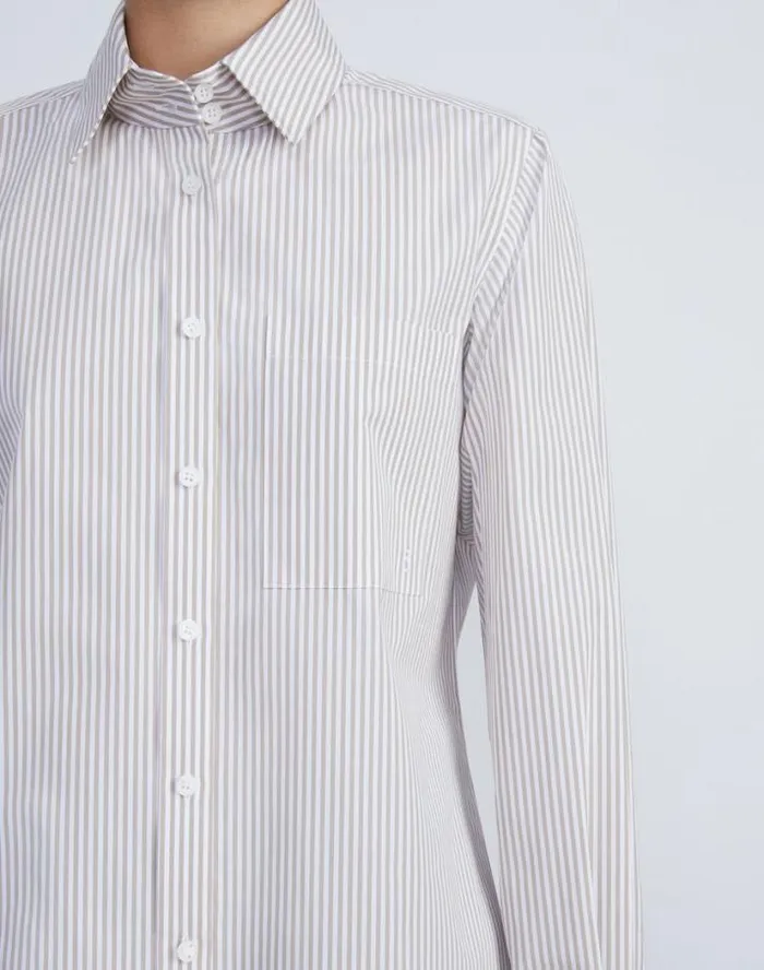 Lafayette 148 New York Stripe Cotton High Collar Shirt Oat Multi Ready To Wear Blouses and Shirts