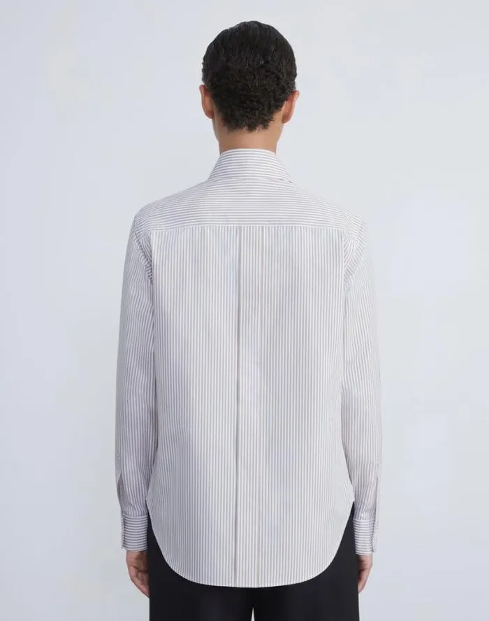 Lafayette 148 New York Stripe Cotton High Collar Shirt Oat Multi Ready To Wear Blouses and Shirts