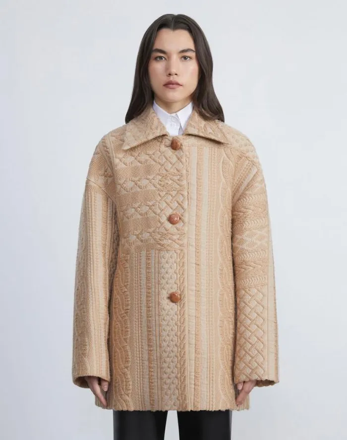 Lafayette 148 New York WoolSilk Cable Jacquard Oversized Swing Coat Woodrose Ready To Wear Jackets and Blazers