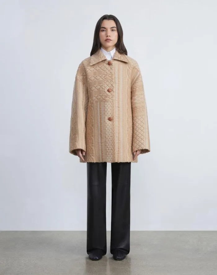 Lafayette 148 New York WoolSilk Cable Jacquard Oversized Swing Coat Woodrose Ready To Wear Jackets and Blazers
