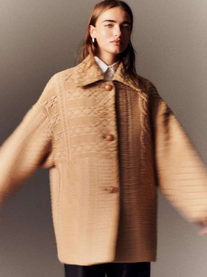 Lafayette 148 New York WoolSilk Cable Jacquard Oversized Swing Coat Woodrose Ready To Wear Jackets and Blazers
