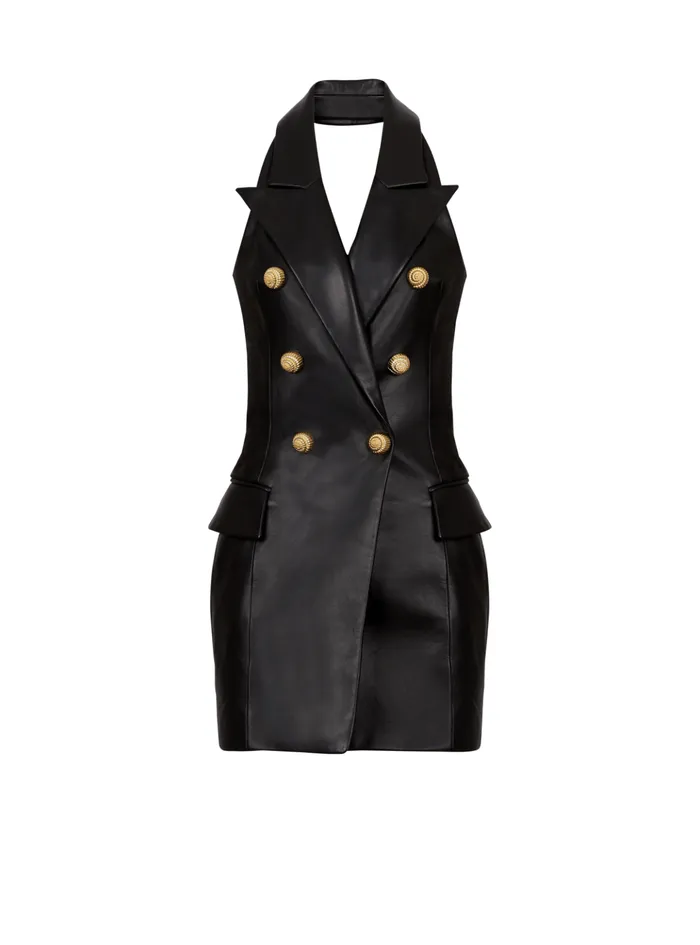 Lambskin Leather Halterneck Dress Black Women Balmain Dresses