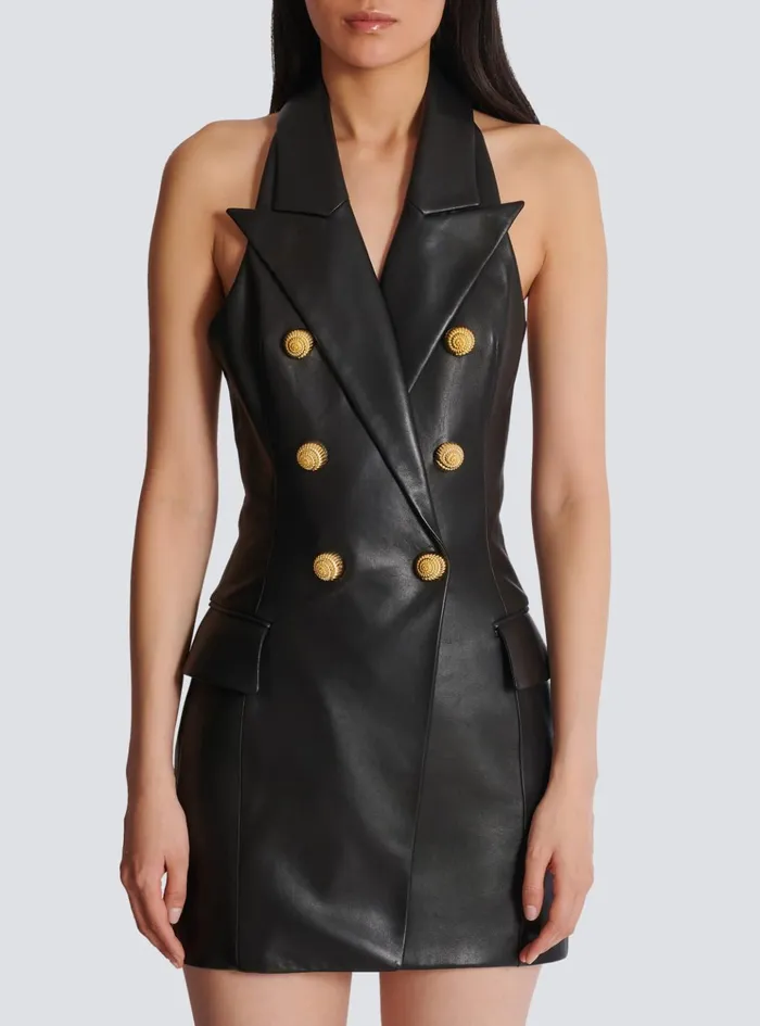 Lambskin Leather Halterneck Dress Black Women Balmain Dresses