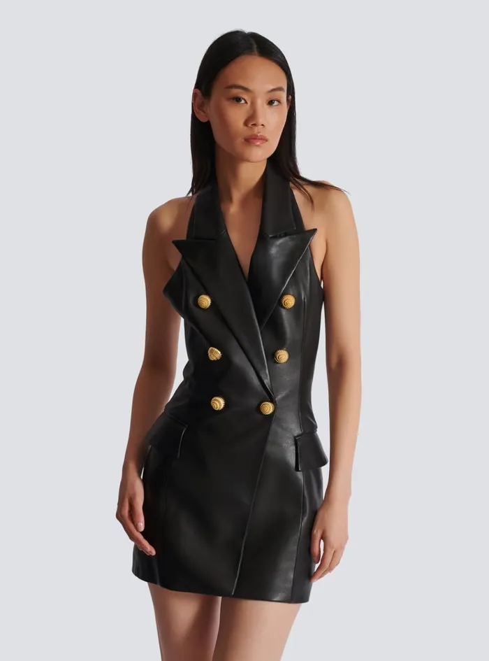 Lambskin Leather Halterneck Dress Black Women Balmain Dresses