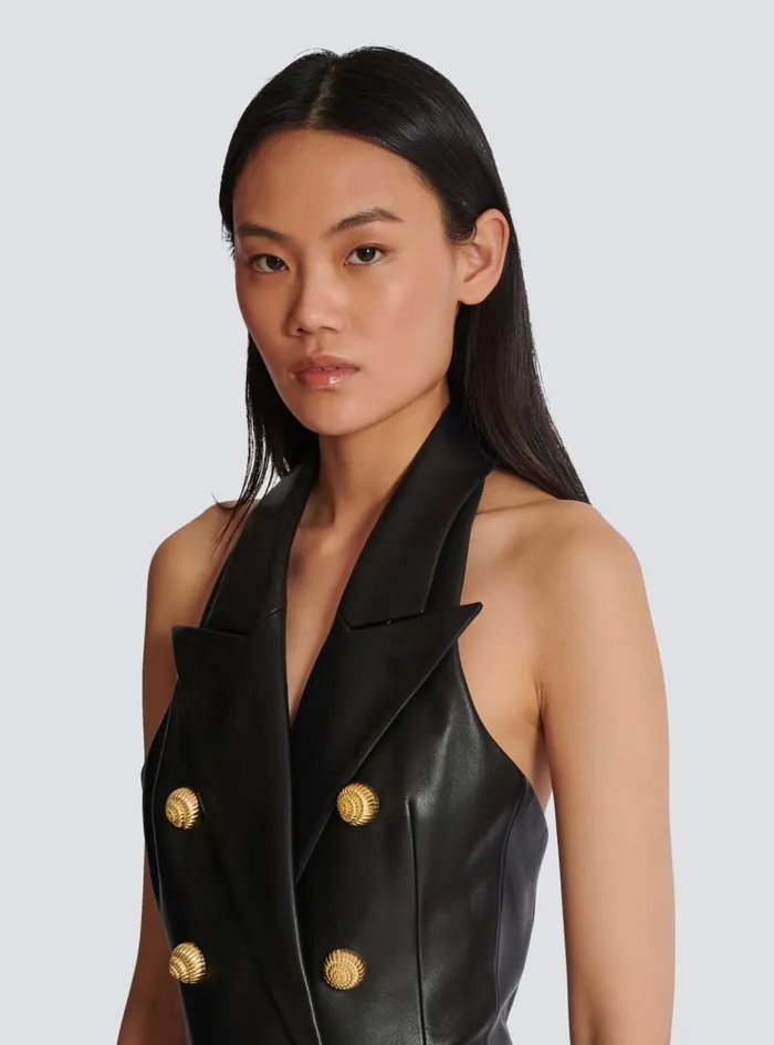 Lambskin Leather Halterneck Dress Black Women Balmain Dresses